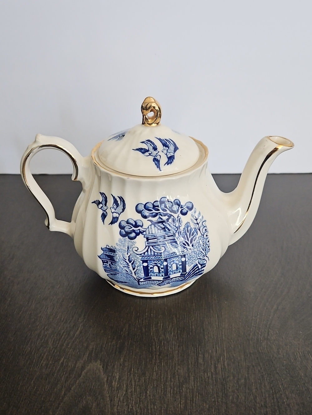 Vintage Slader Made In England Blue and White Porcelain Willow Teapot Gold Trim